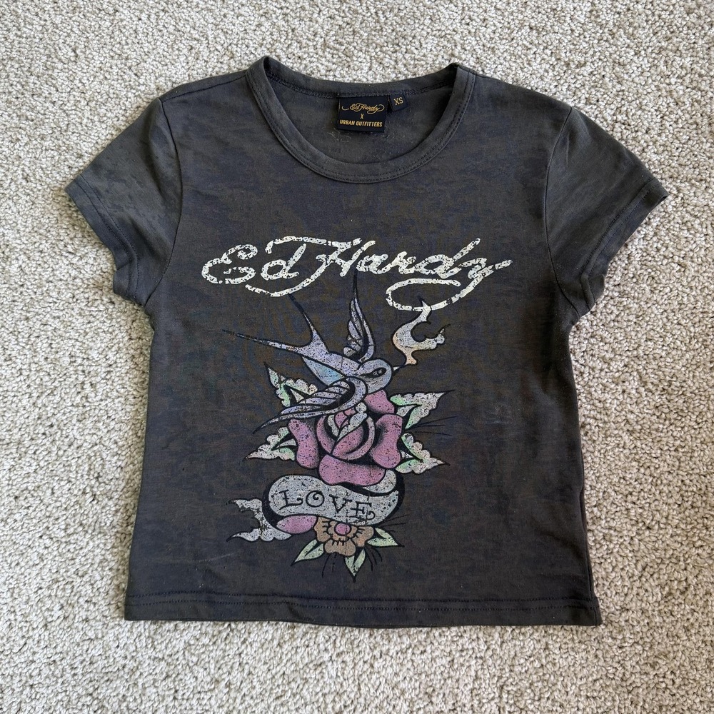 Ed Hardy Shirt Womens XS Gray Tattoo Love Rose Bird Graphic Tee Top Logo